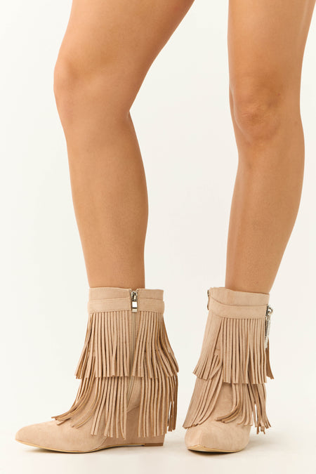 Nude Fringe Wedge Ankle Booties