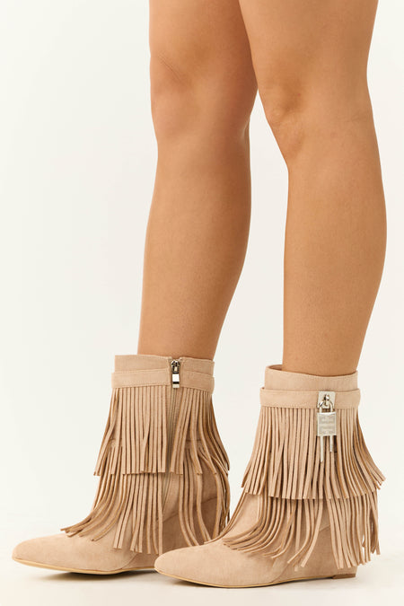 Nude Fringe Wedge Ankle Booties