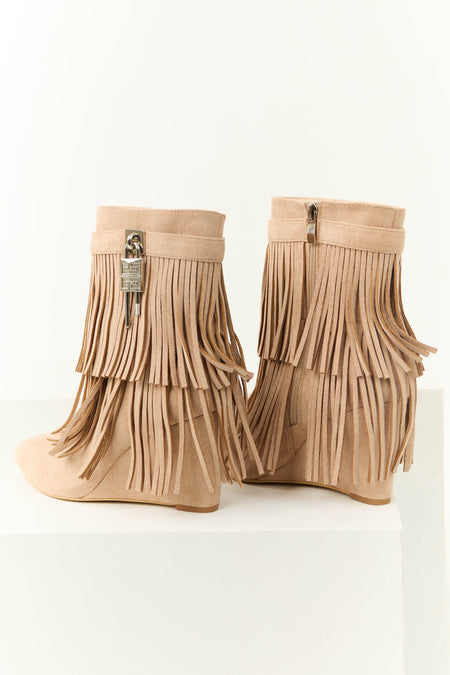 Nude Fringe Wedge Ankle Booties