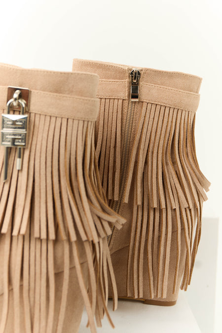 Nude Fringe Wedge Ankle Booties