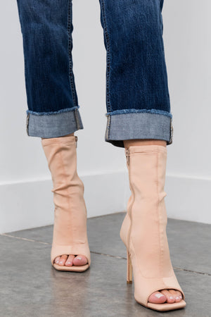 Nude Open Toe Stretchy Knit Stiletto Booties