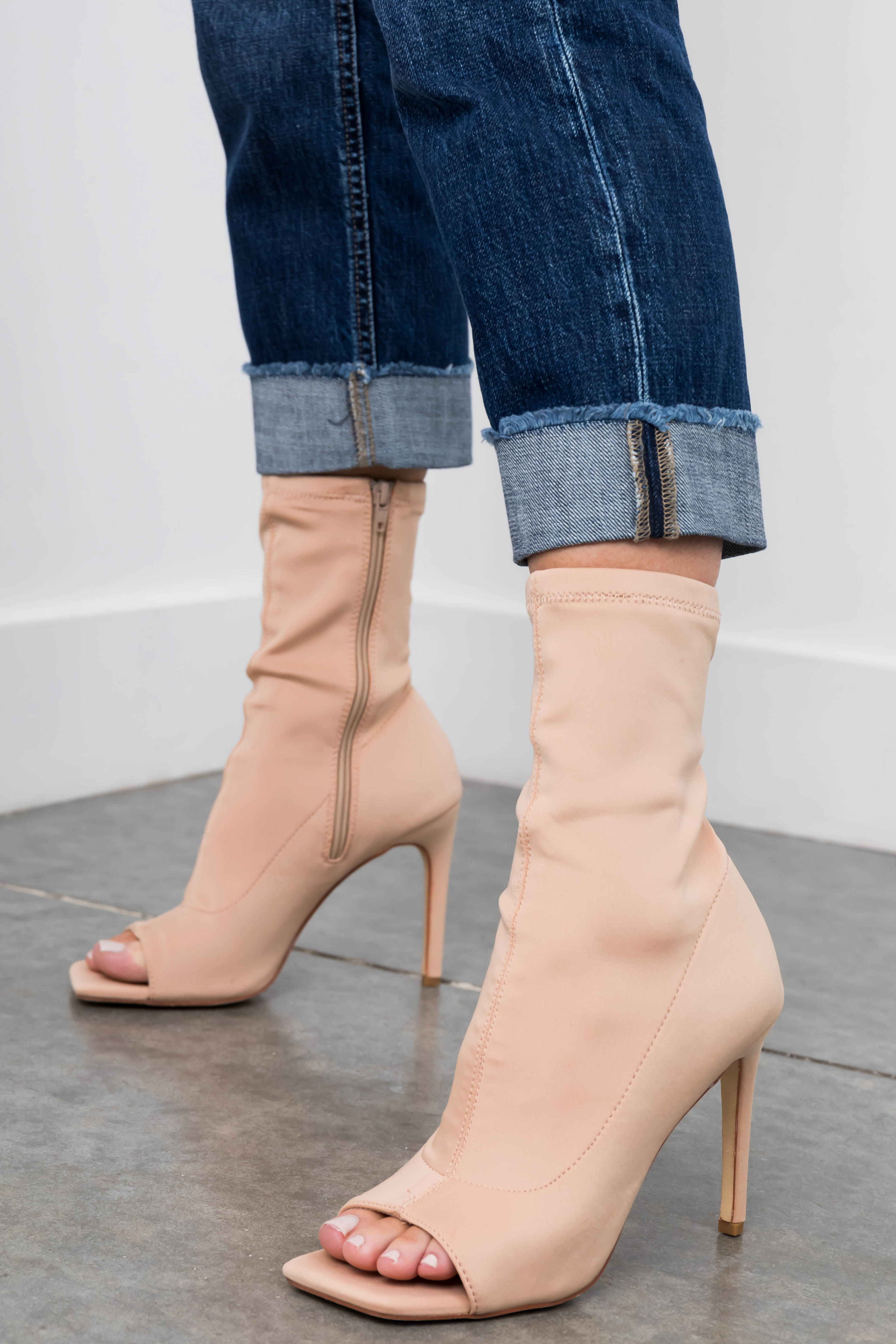 5.5 Nude Open Toe Stretchy Knit Stiletto Booties