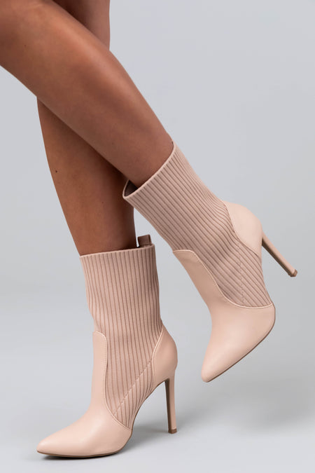 Nude Ribbed Knit Pointed Toe High Heel Booties