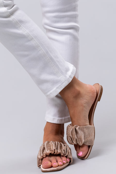 Nude Satin Ruched Rhinestone Strap Sandals