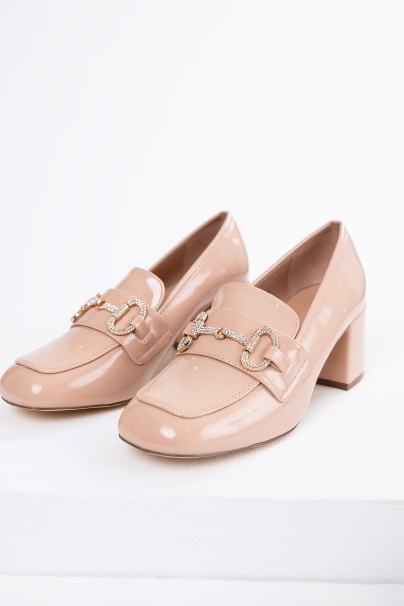 Nude Shiny Leather Block Heel Loafers