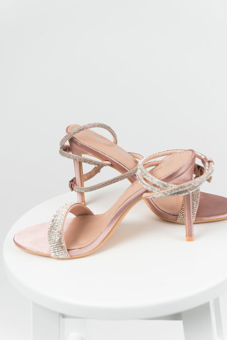 Nude Silver Rhinestone Open Toe Strappy Heels