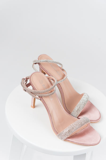 Nude Silver Rhinestone Open Toe Strappy Heels