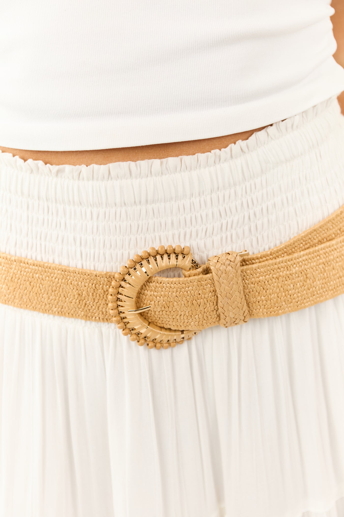 Nude Thin Braided Straw Beaded Buckle Belt