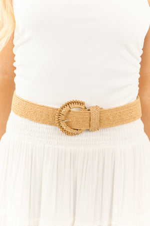 Nude Thin Braided Straw Beaded Buckle Belt