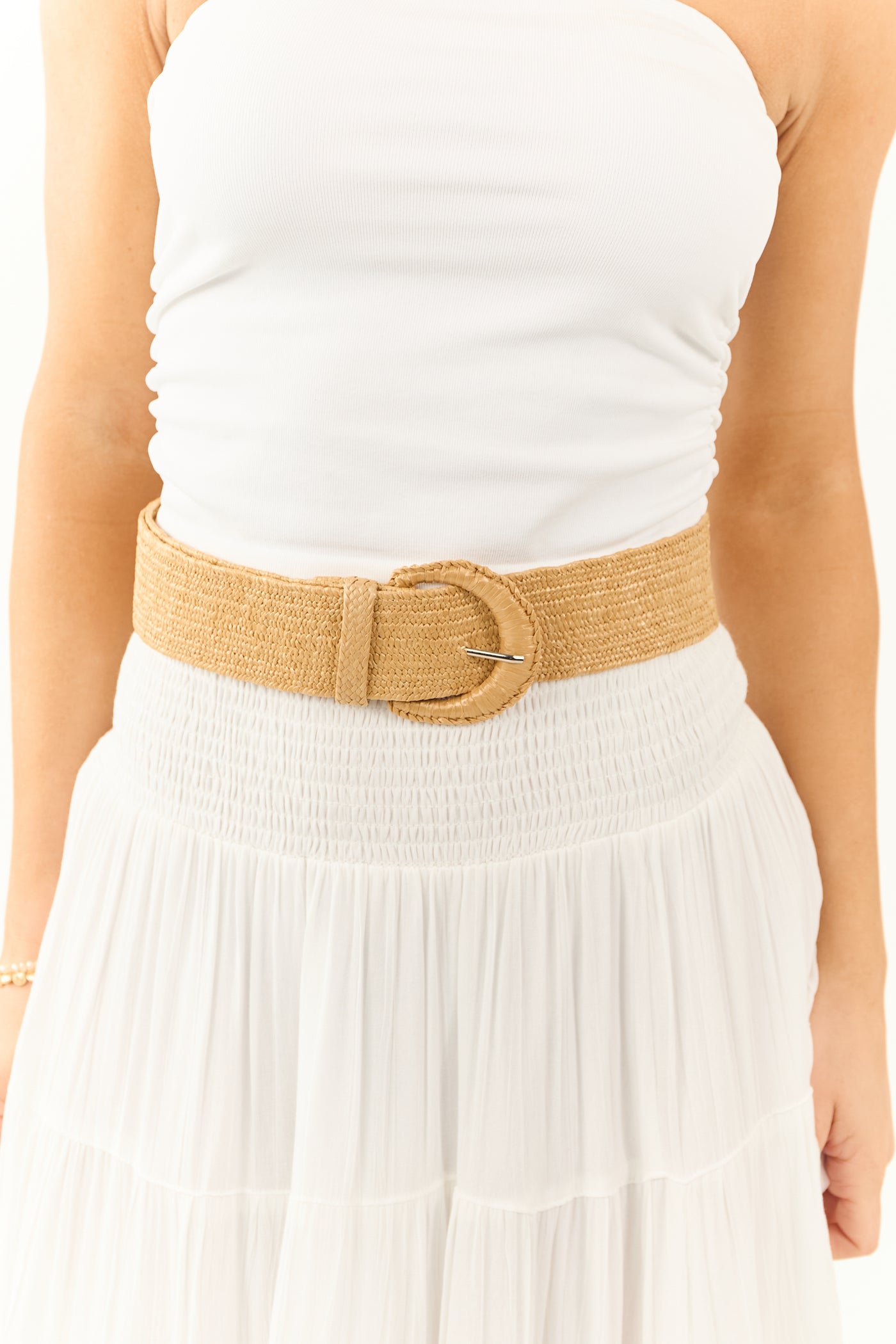 Nude Wide Braided Straw Crescent Buckle Belt