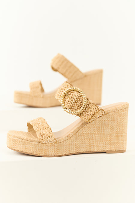 Nude Woven Buckle Strap Espadrille Wedges