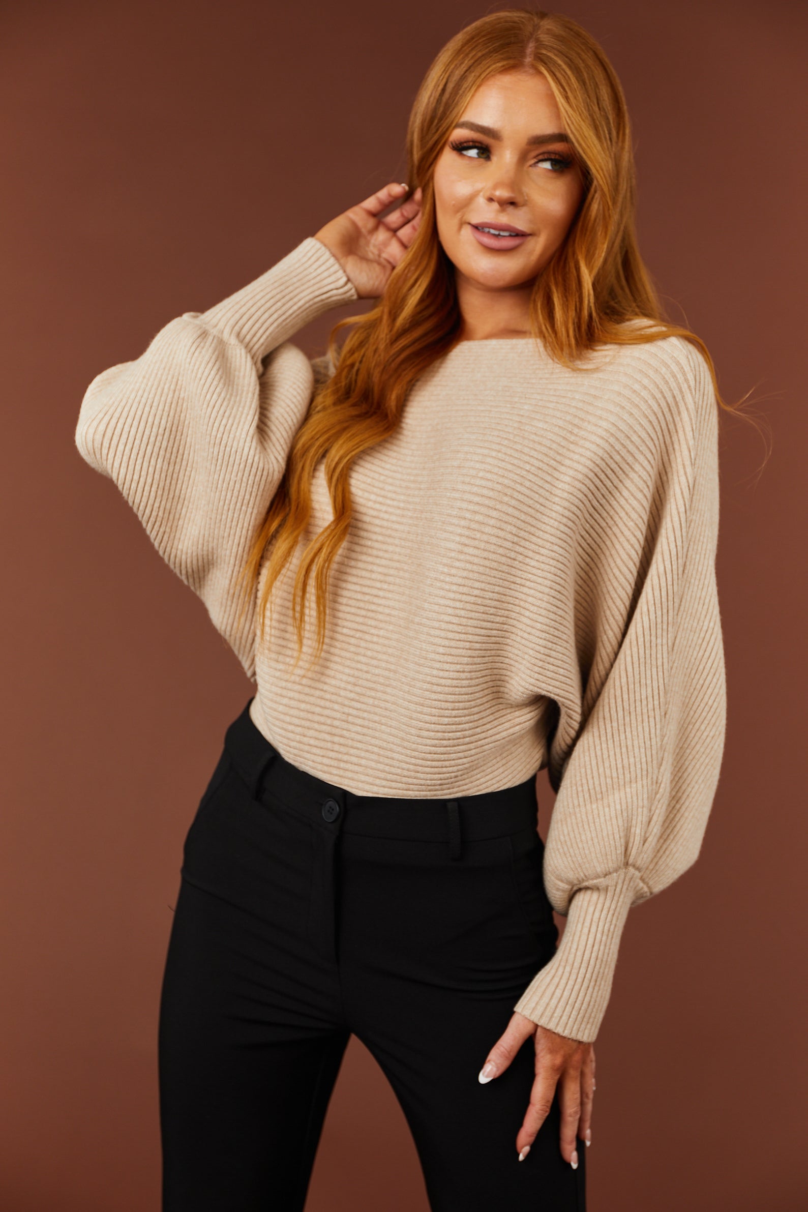 Oatmeal Boat Neckline Dolman Sleeve Sweater