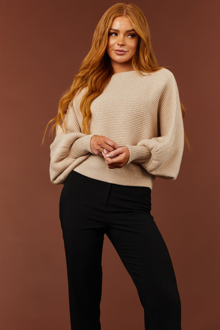 Oatmeal Boat Neckline Dolman Sleeve Sweater