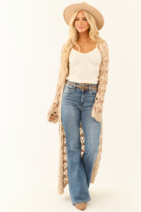 Oatmeal Button Down Crochet Longline Cardigan