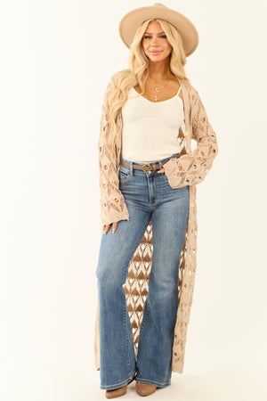 Oatmeal Button Down Crochet Longline Cardigan