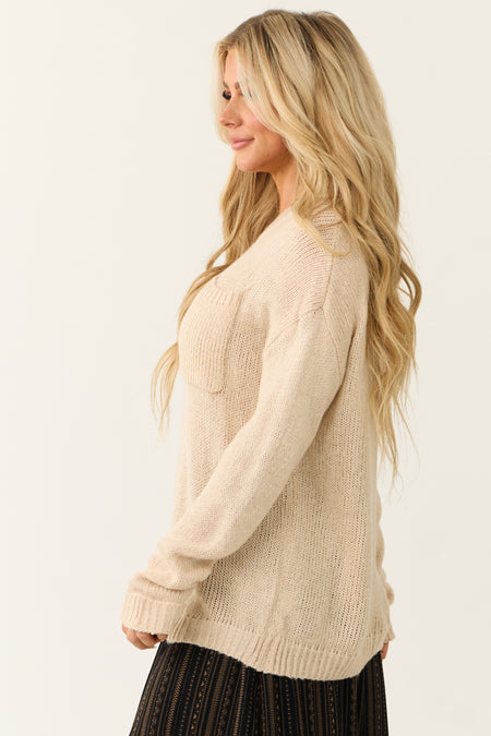 Oatmeal Chest Pocket Cuffed Sleeve Sweater