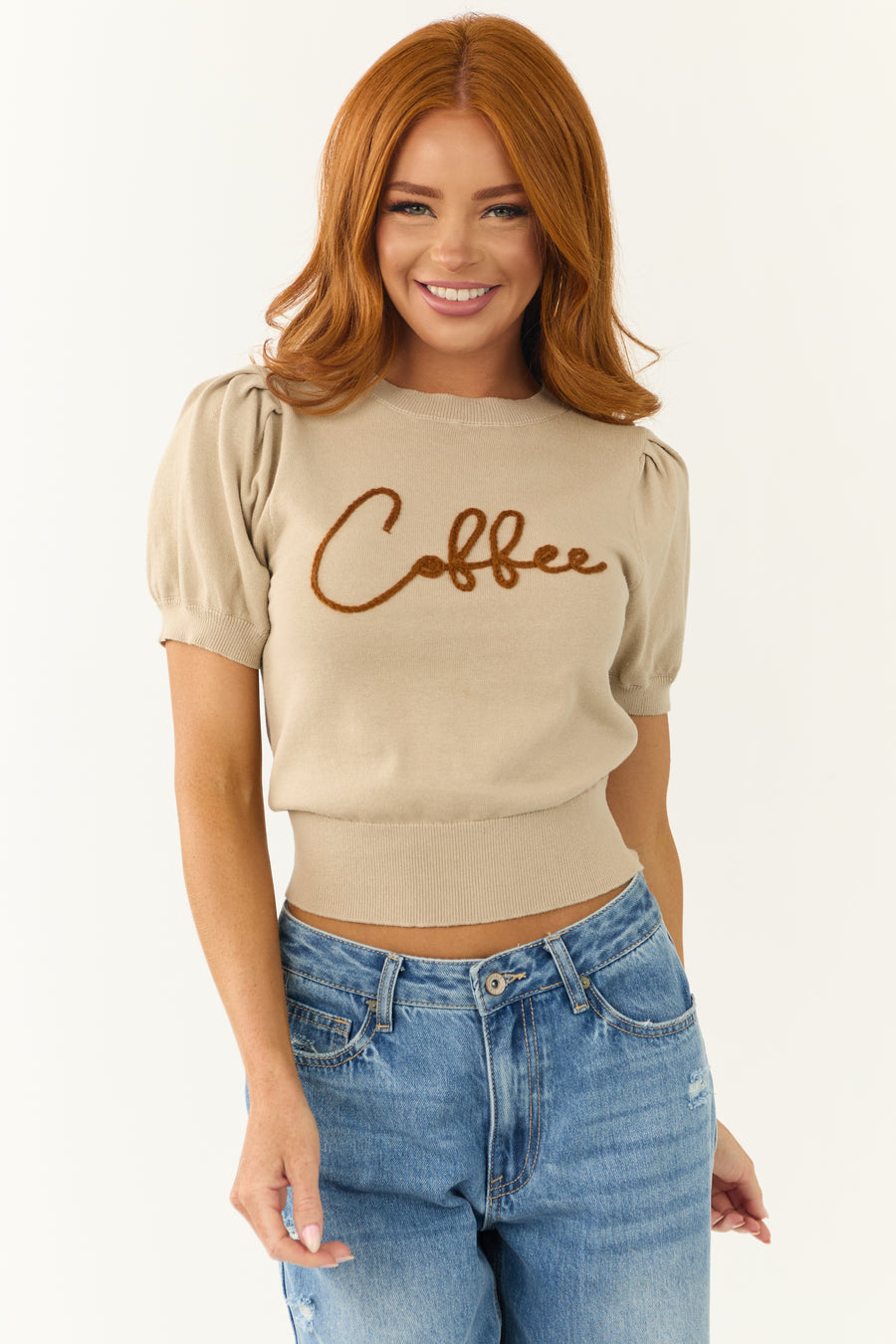 Oatmeal 'Coffee' Embroidered Short Sleeve Top
