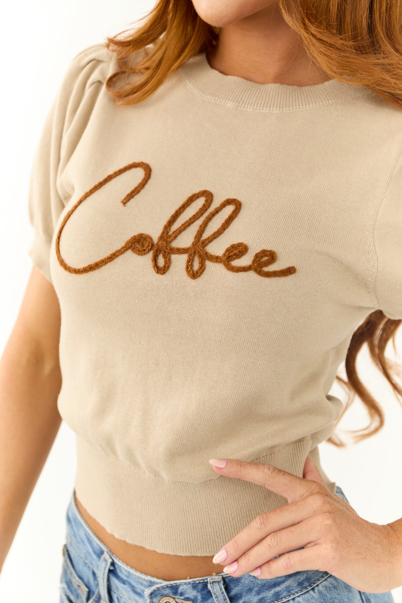Oatmeal 'Coffee' Embroidered Short Sleeve Top