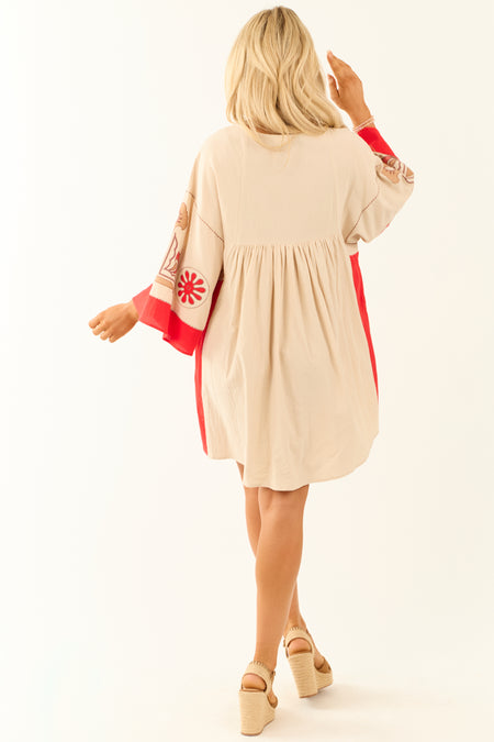 Oatmeal Embroidery Detailed 3/4 Sleeve Short Dress