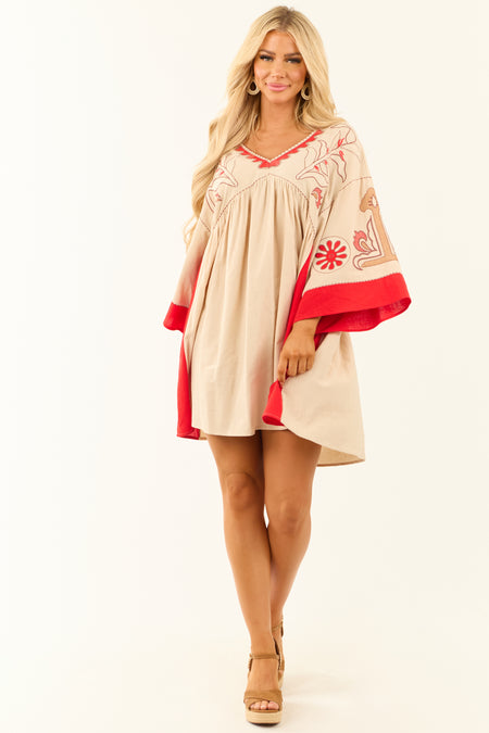 Oatmeal Embroidery Detailed 3/4 Sleeve Short Dress