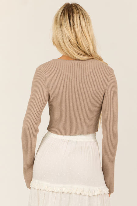 Oatmeal Long Sleeve Tie Front Cropped Sweater