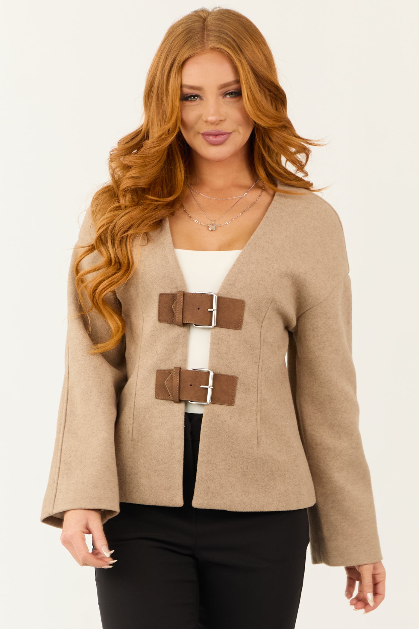 Oatmeal Mohair Double Belted Long Sleeve Jacket