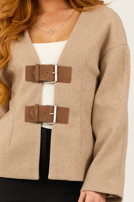 Oatmeal Mohair Double Belted Long Sleeve Jacket