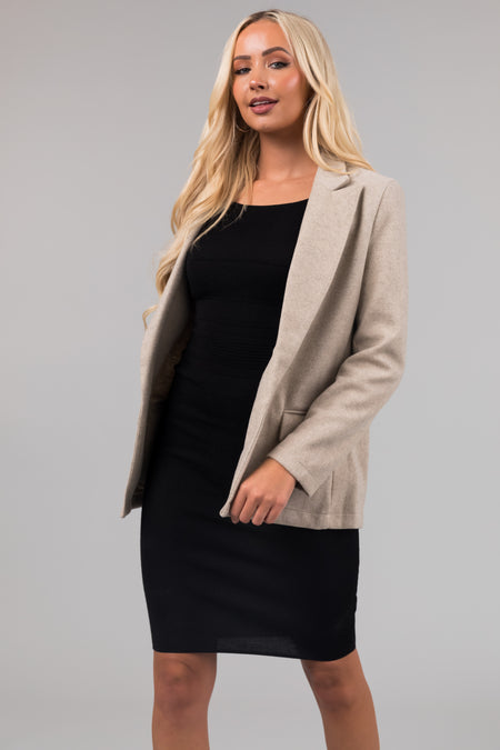 Oatmeal Open Front Collared Long Sleeve Blazer