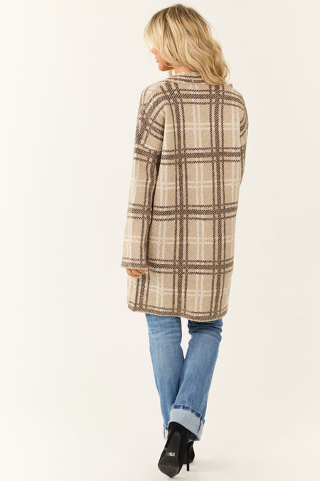 Oatmeal Open Front Plaid Knit Long Cardigan