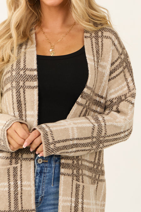 Oatmeal Open Front Plaid Knit Long Cardigan