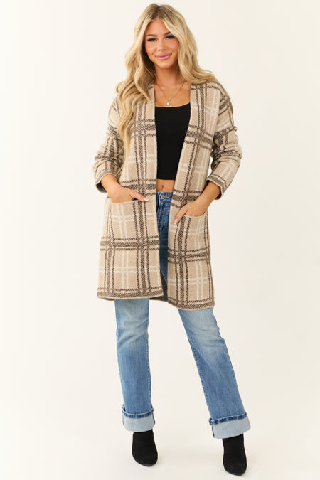 Oatmeal Open Front Plaid Knit Long Cardigan