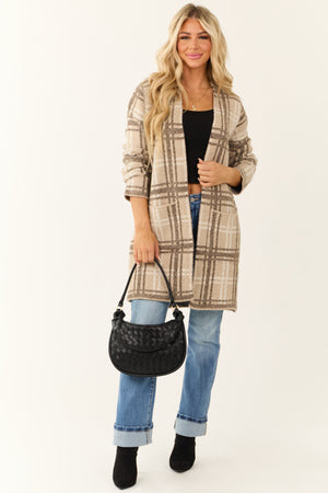 Oatmeal Open Front Plaid Knit Long Cardigan