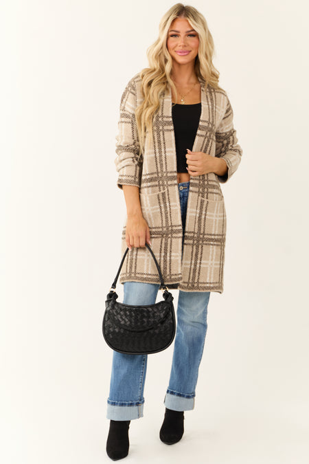 Oatmeal Open Front Plaid Knit Long Cardigan