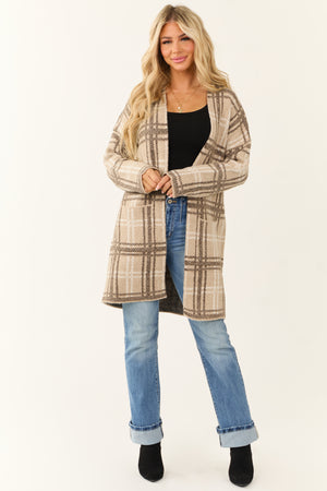 Oatmeal Open Front Plaid Knit Long Cardigan