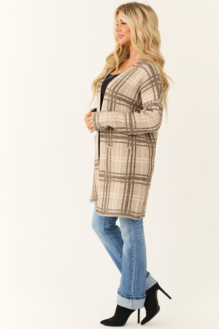 Oatmeal Open Front Plaid Knit Long Cardigan