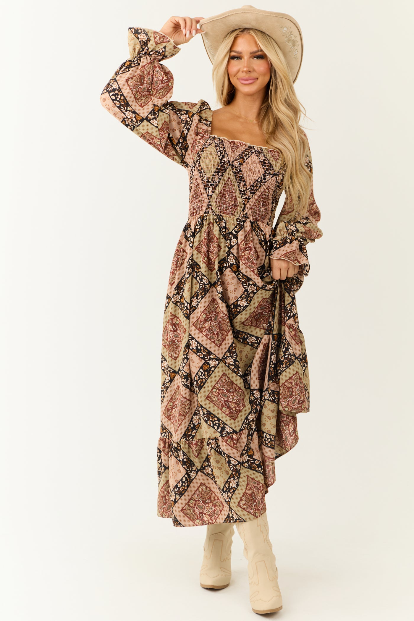 Oatmeal Patchwork Square Neck Maxi Dress