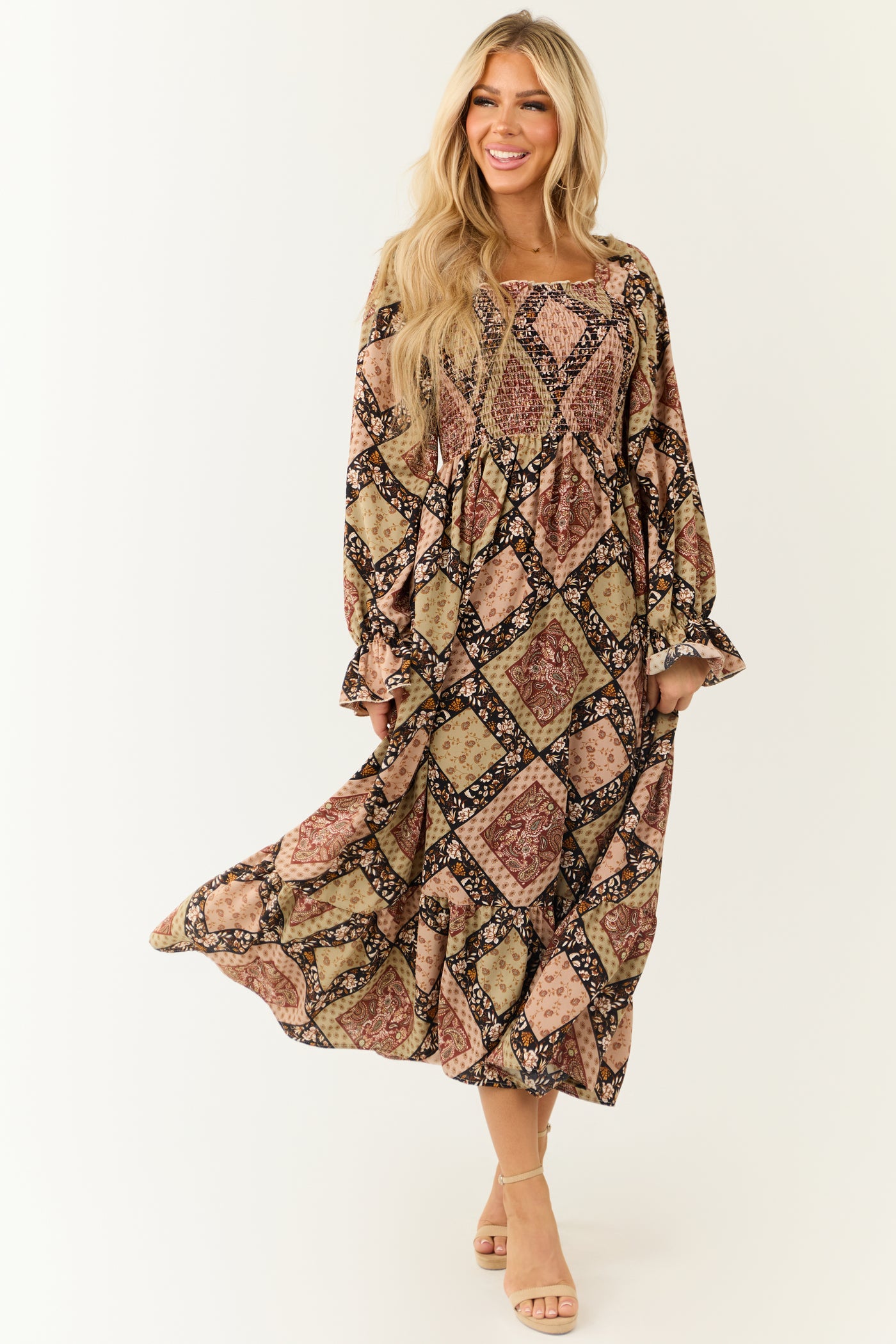 Oatmeal Patchwork Square Neck Maxi Dress