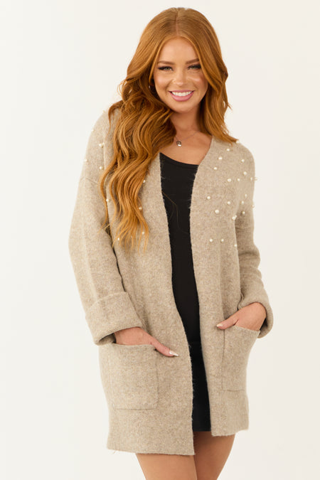 Oatmeal Pearl Embellished Open Front Cardigan