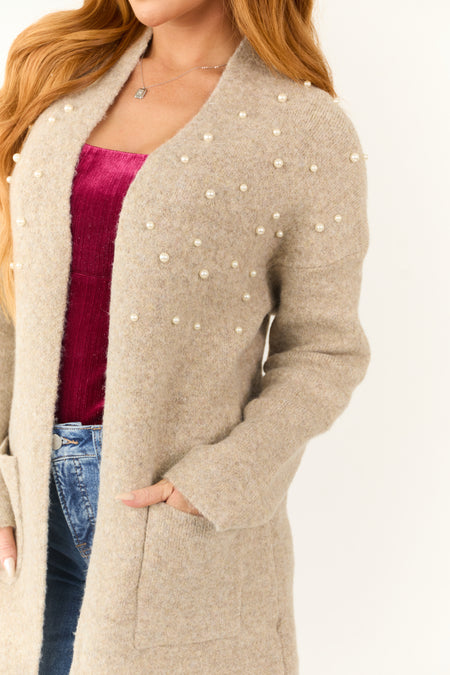 Oatmeal Pearl Embellished Open Front Cardigan