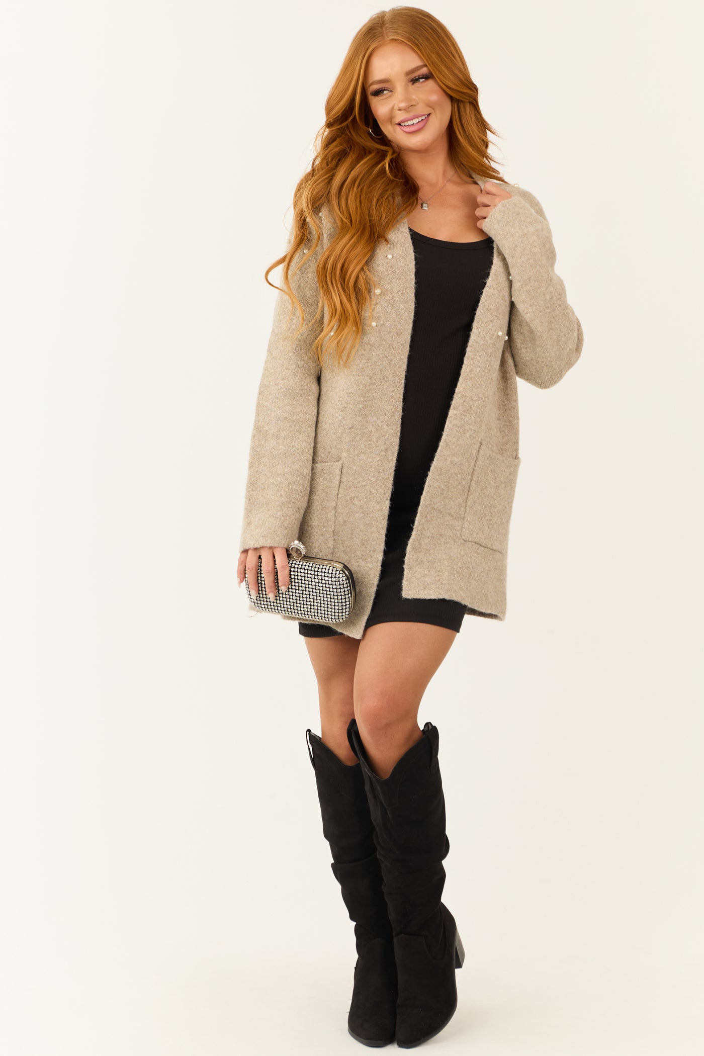 Oatmeal Pearl Embellished Open Front Cardigan