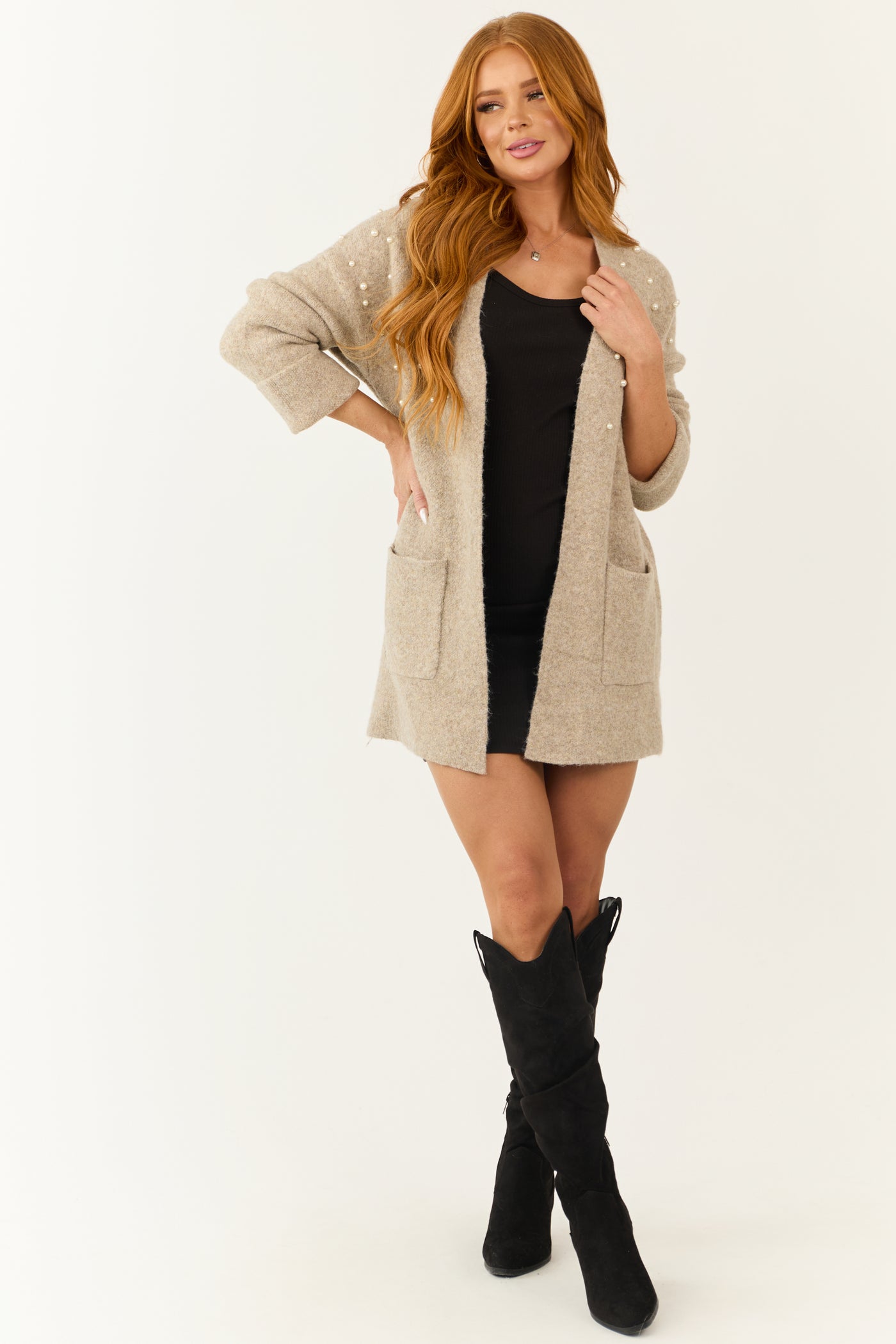 Oatmeal Pearl Embellished Open Front Cardigan