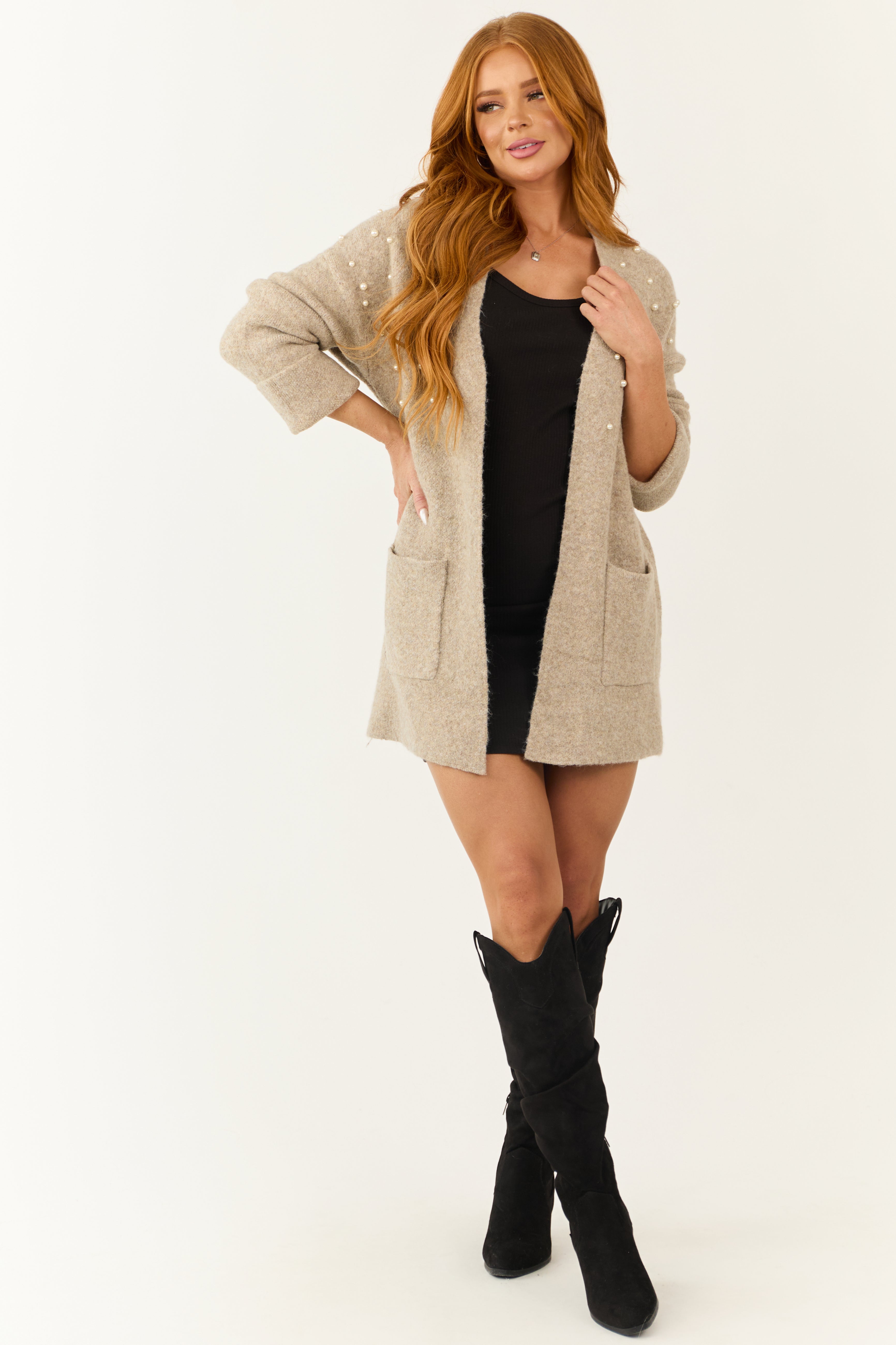 Oatmeal Pearl Embellished Open Front Cardigan