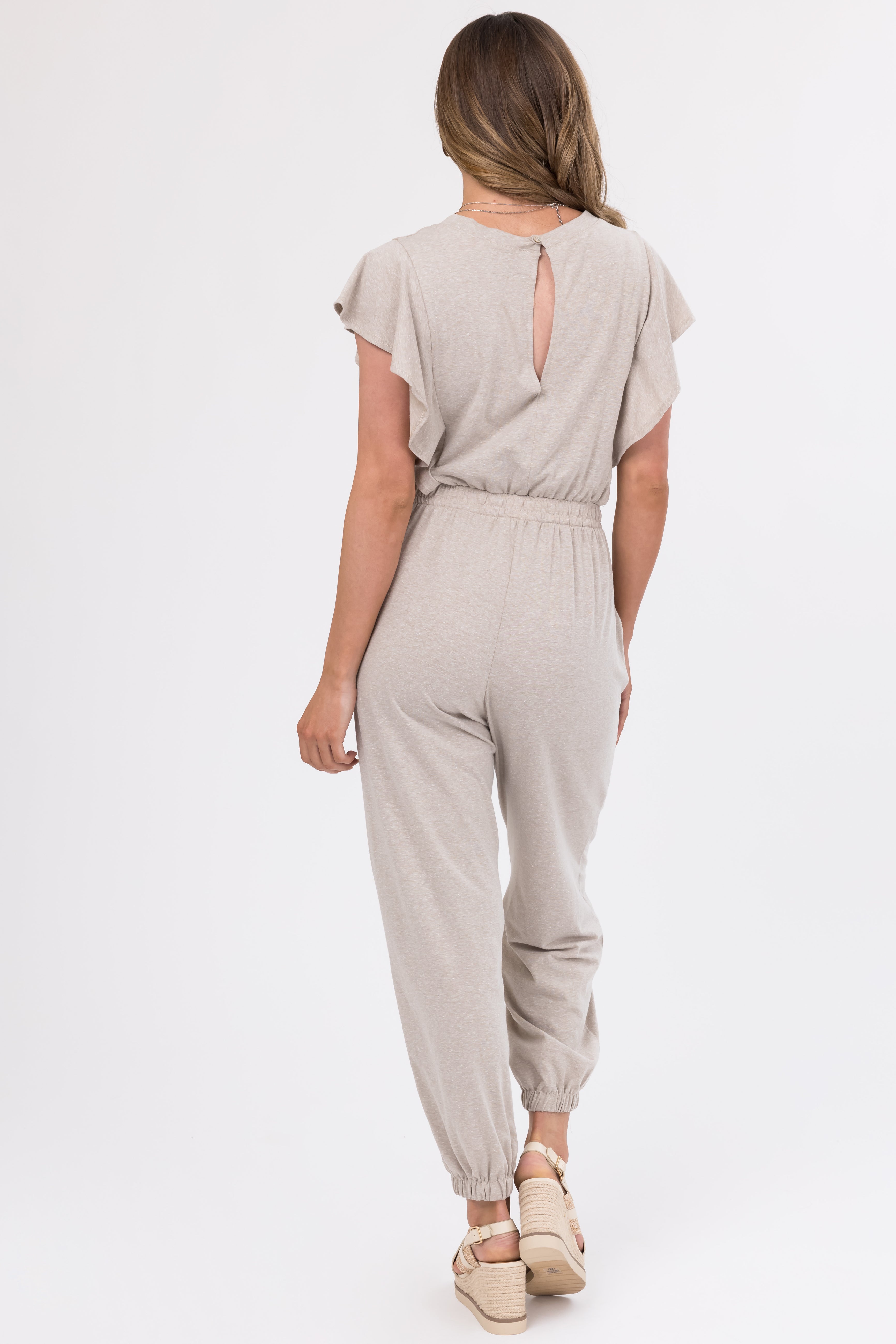 Oatmeal Ruffle Short Sleeve Soft Knit Jumpsuit