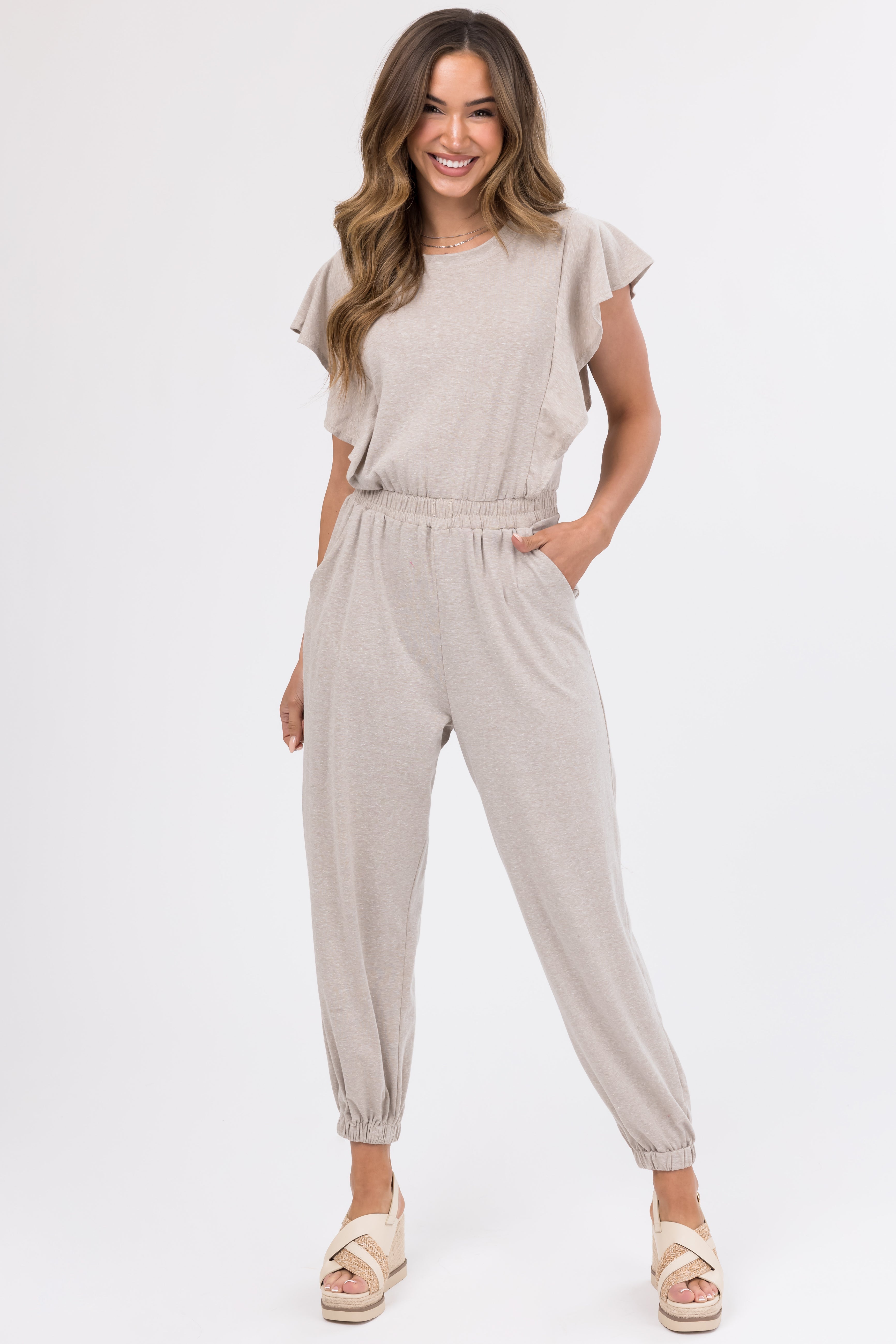 Oatmeal Ruffle Short Sleeve Soft Knit Jumpsuit