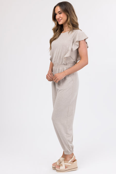 Oatmeal Ruffle Short Sleeve Soft Knit Jumpsuit