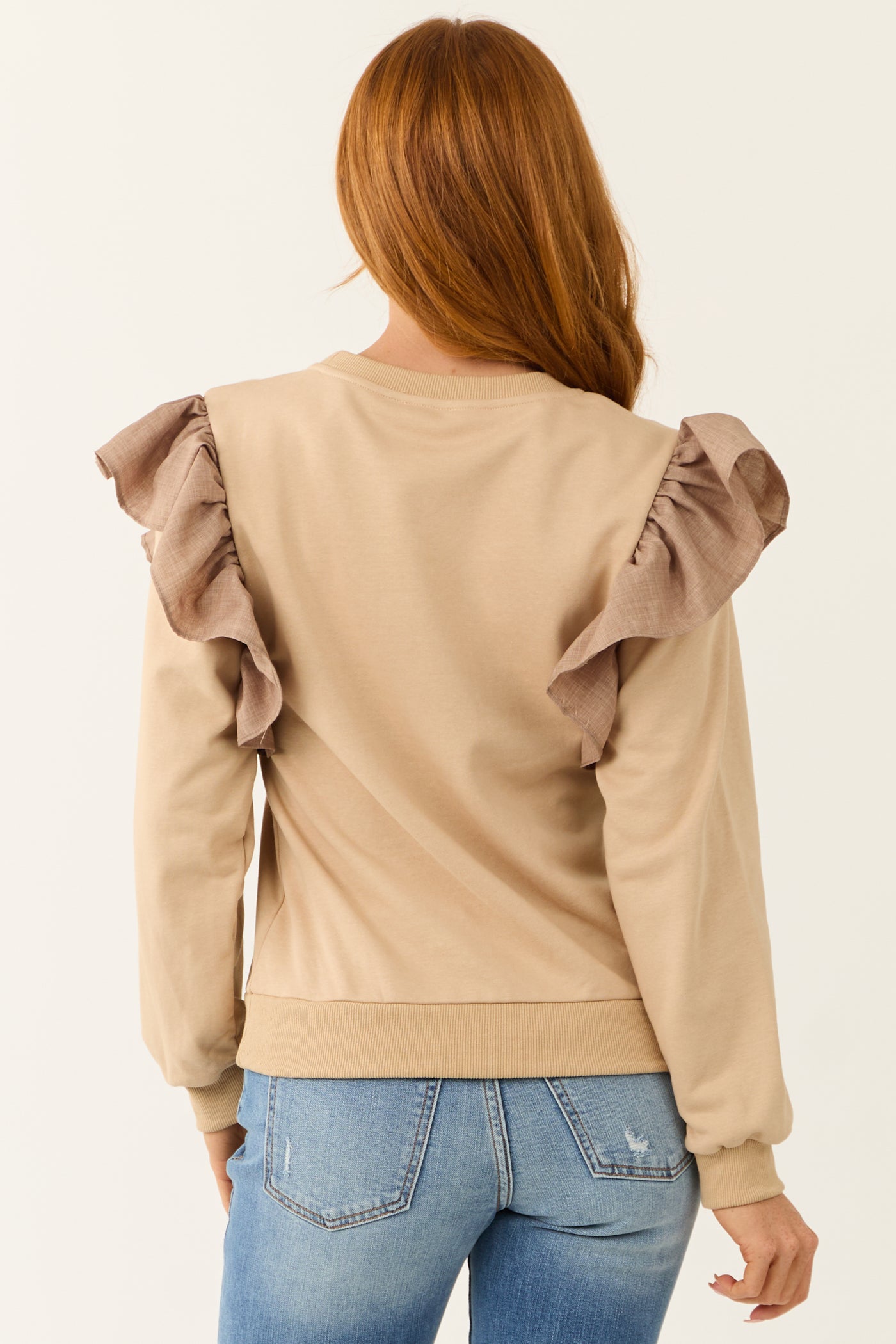 Oatmeal Ruffle Shoulder Detail Long Sleeve Top