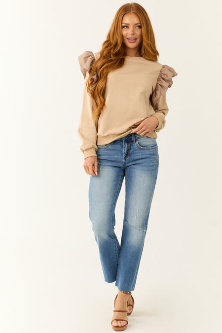 Oatmeal Ruffle Shoulder Detail Long Sleeve Top