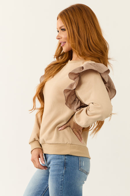 Oatmeal Ruffle Shoulder Detail Long Sleeve Top