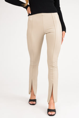 Oatmeal Slit Hem Faux Leather Leggings