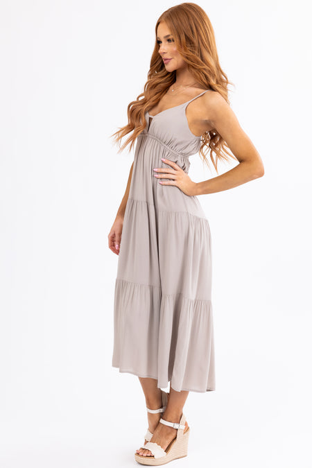 Oatmeal Sweetheart Neck Tiered Midi Dress